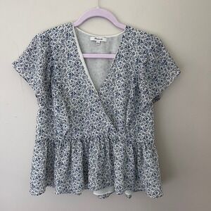 Madewell Floral Print Peplum Top Blouse Short Sleeve Blue White Size M‎
